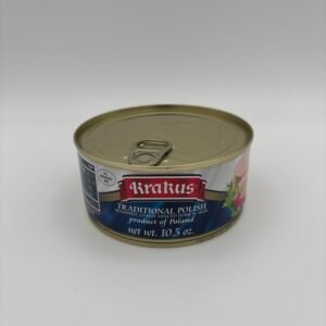 Alternative view of krakus traditional polish seasoned, cured minced pork, konserwa tyrolska